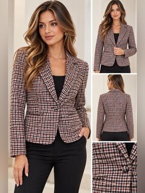 b.young Checkered Blazer in Brown & Burgundy Size 38 NWT